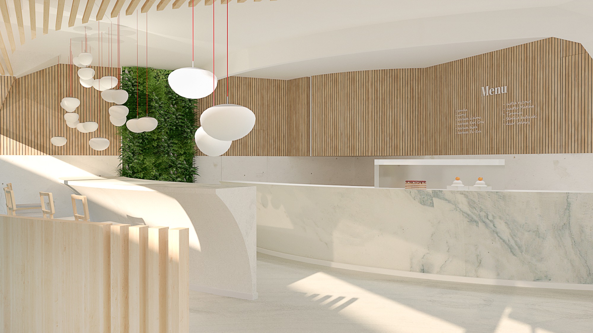 Wizualizacja wnętrza kawiarni z drewnianą ścianą, pionową zieloną ścianą, marmurowym blatem i menu wypisanym na ścianie.