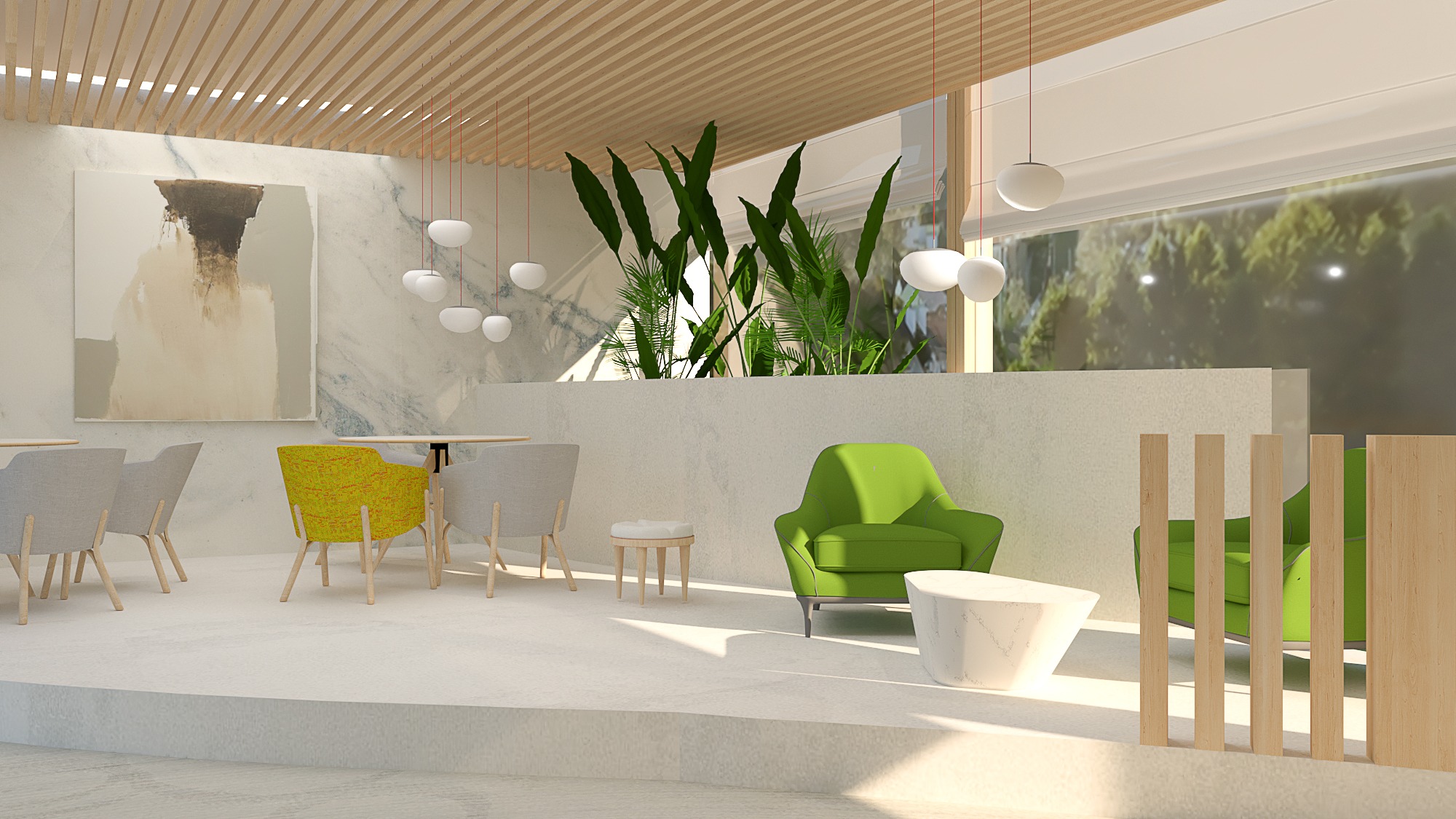 Wizualizacja przestronnego wnętrza biurowego z drewnianą konstrukcją sufitu, abstrakcyjnym obrazem na ścianie, roślinami doniczkowymi, szarymi i żółtymi krzesłami przy okrągłych stolikach...