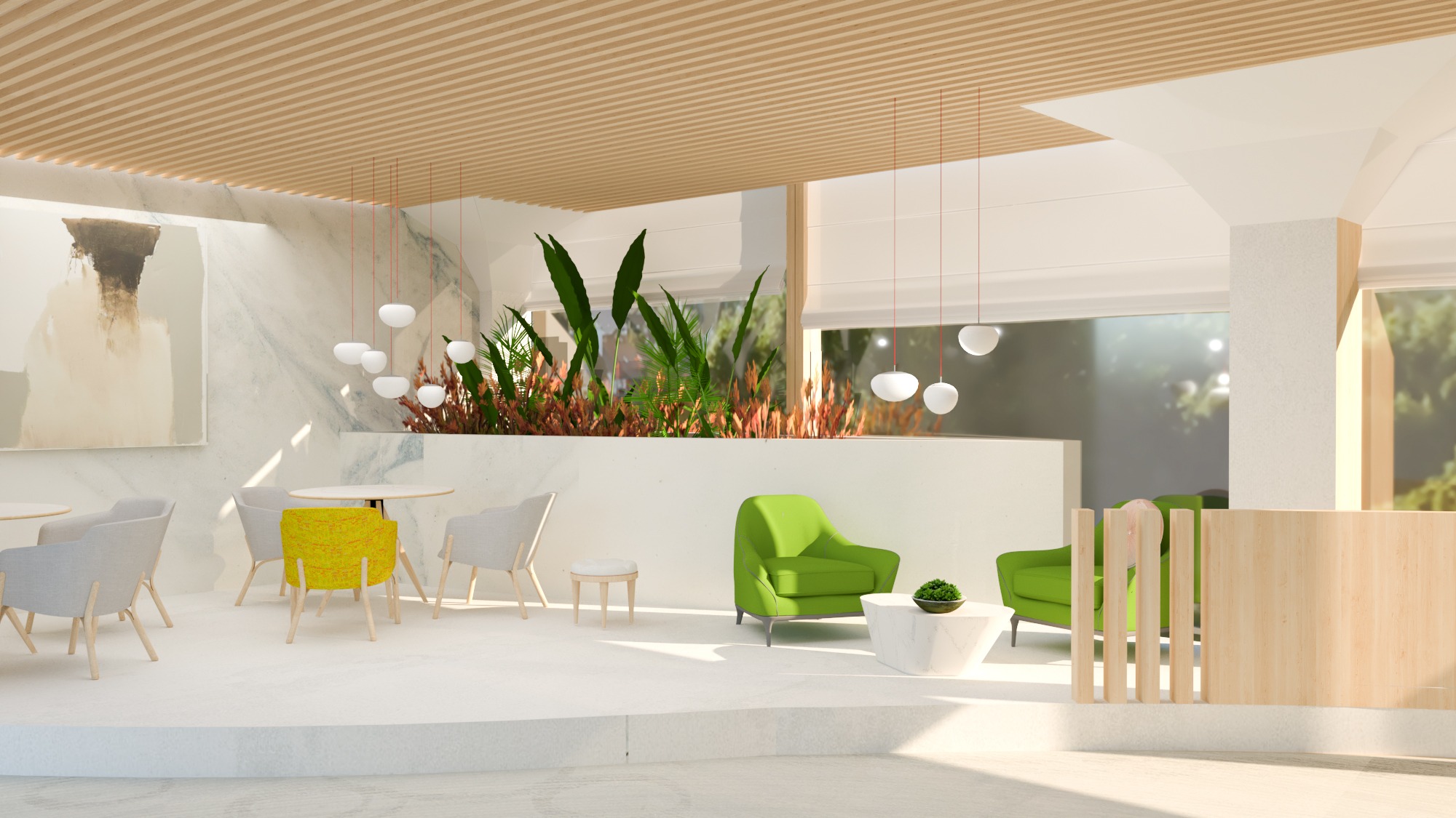 Wizualizacja jasnego, przestronnego biura z drewnianym sufitem lamelowym, białymi ścianami z efektem marmuru, okrągłymi stolikami, szarymi i żółtym krzesłami, zielonymi fotelami oraz roślinami...