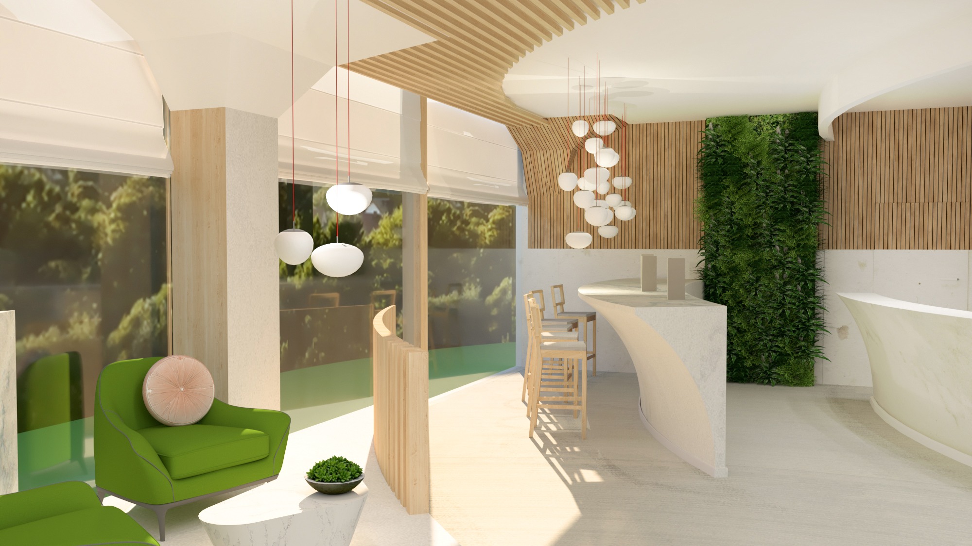Wizualizacja jasnego wnętrza biura z zieloną ścianą, drewnianymi panelami na suficie i ścianach, oraz nowoczesnymi lampami wiszącymi.