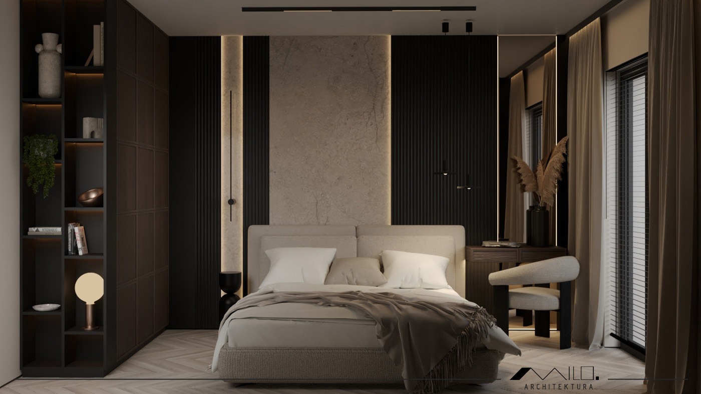 Projekt eleganckiej sypialni w apartamencie na wynajem - Katowice Nowa Dzielnica