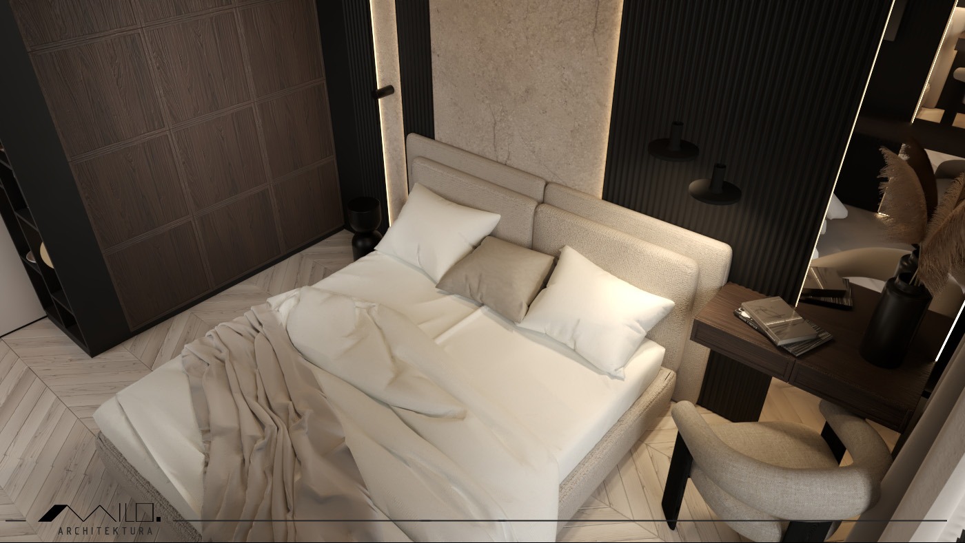 Elegancka sypialnia w neutralnych barwach z łóżkiem z tapicerowanym wezgłowiem, stolikiem nocnym z lampą i dekoracjami, oraz dużą szafą w zabudowie.