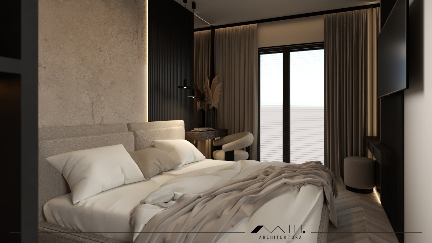 Elegancka sypialnia w odcieniach beżu i brązu z łóżkiem typu king-size, stolikiem nocnym i minimalistycznym oświetleniem, uzupełniona o dekoracyjne trawy w wazonie i telewizor na ścianie.
