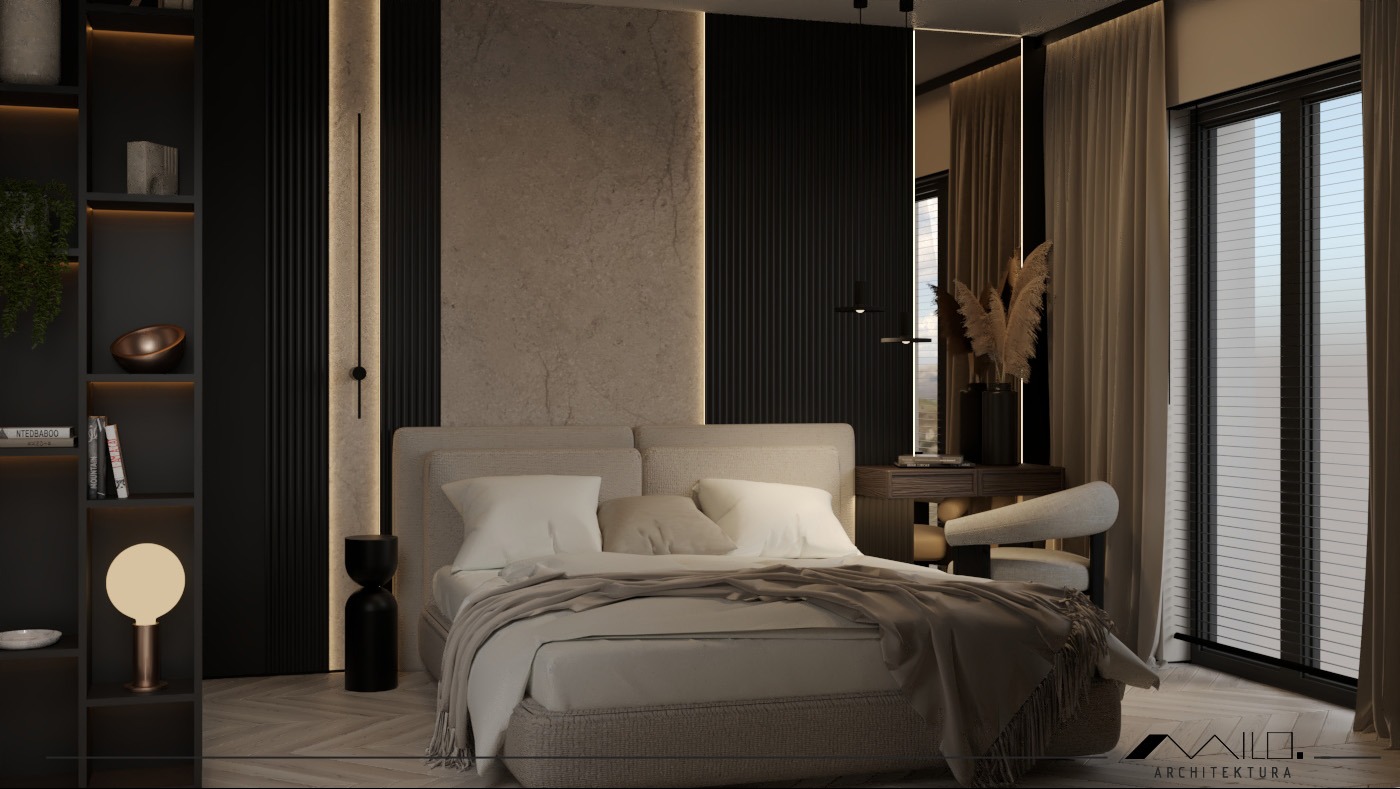 Elegancka sypialnia w neutralnych barwach z łóżkiem typu boxspring, drewnianą podłogą w jodełkę, czarnymi panelami ściennymi i dekoracyjnymi lampami ściennymi, uzupełniona o toaletkę z pampasową...