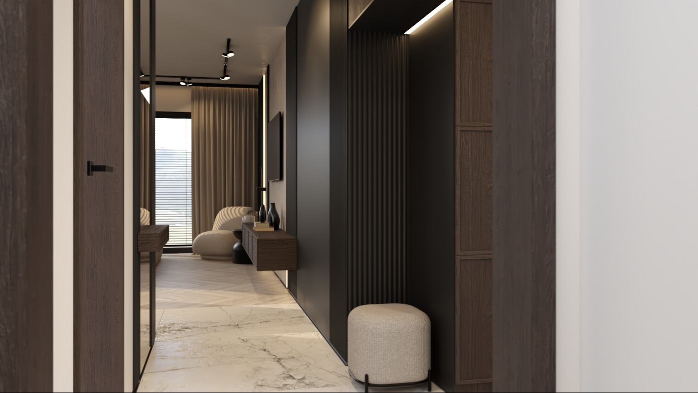 Wnętrze apartamentu w Katowicach, widok na salon z fotelami i stolikiem przez otwarte drzwi, eleganckie wykończenie, marmurowa podłoga, ciemne meble z podświetleniem LED.