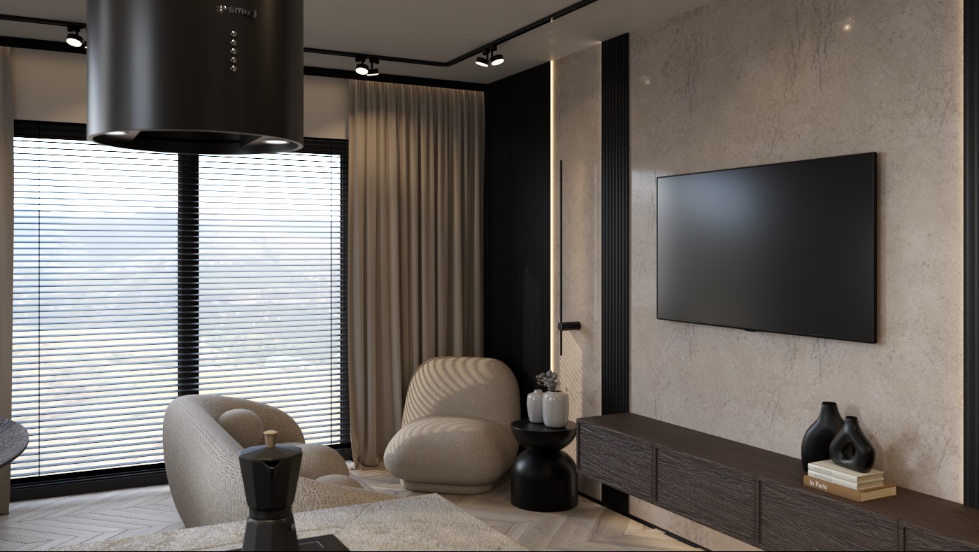 Wizualizacja salonu w Łodzi: kremowe fotele, telewizor na ścianie, czarne akcenty oświetleniowe i dekoracyjne, widok z okna przesłoniętego żaluzjami.