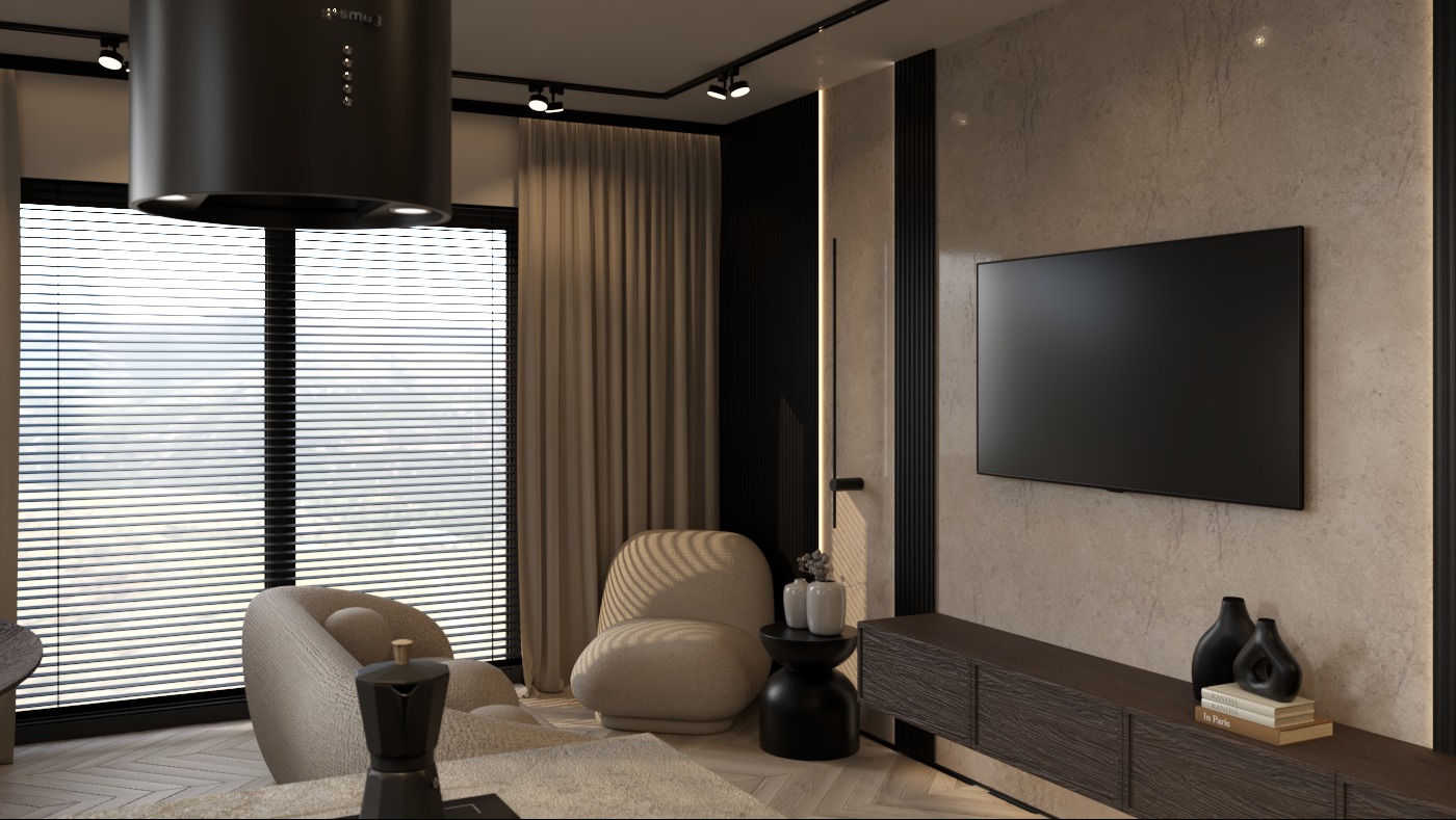 Nowoczesny salon w apartamencie z beżowymi fotelami typu boucle, czarnym telewizorem na ścianie, dekoracyjnym oświetleniem LED i zasłoniętym oknem.