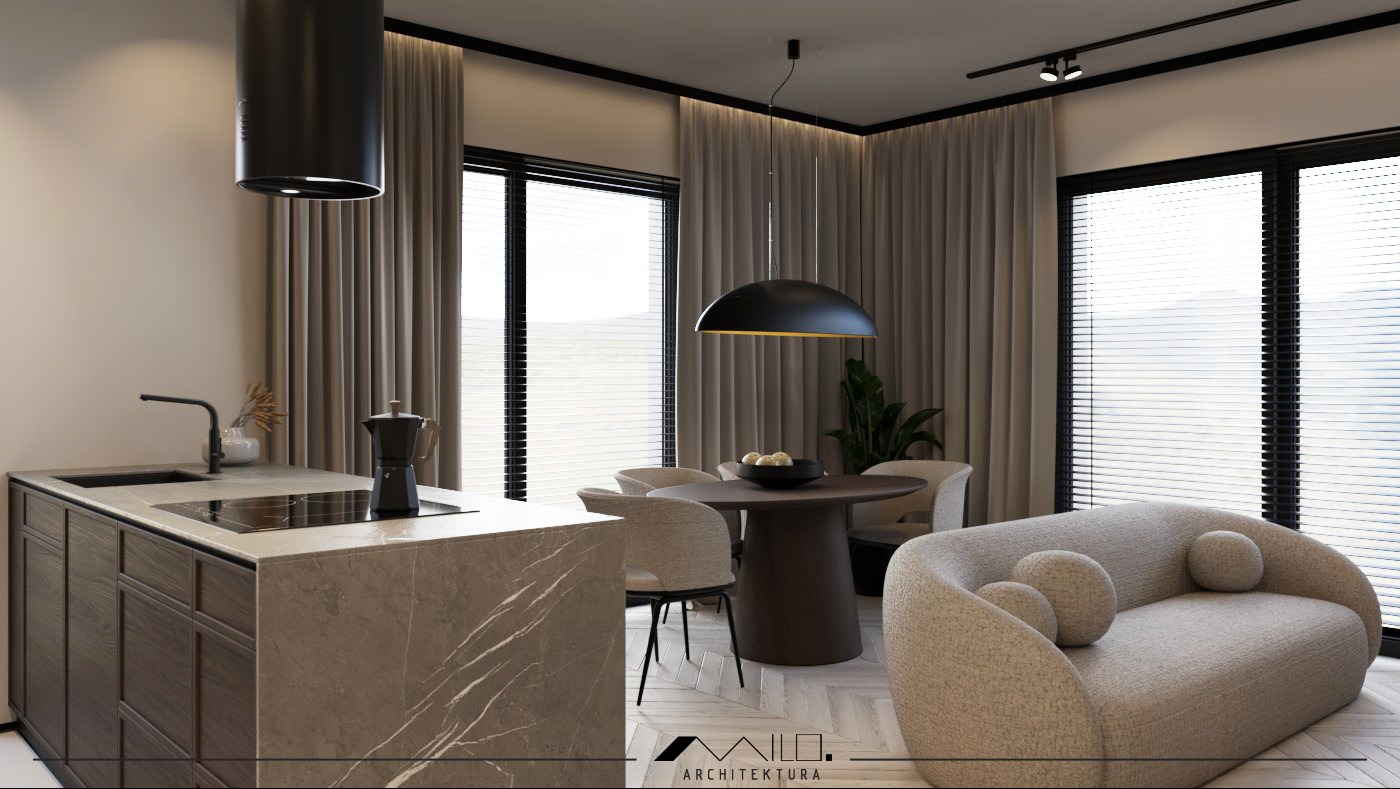 Nowoczesne wnętrze apartamentu z otwartą kuchnią, jadalnią i strefą wypoczynkową, utrzymane w stonowanej kolorystyce z akcentami czerni, widoczne elementy wyposażenia: wyspa kuchenna z marmurowym...