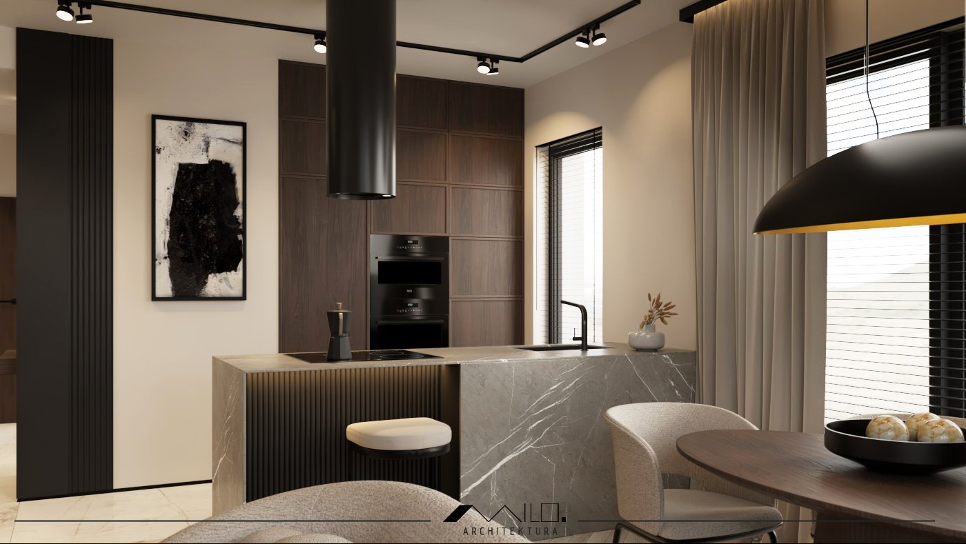 Nowoczesna kuchnia w apartamencie: wyspa z marmurowym blatem, czarne szafki, oświetlenie punktowe i minimalistyczny stół z owocami.