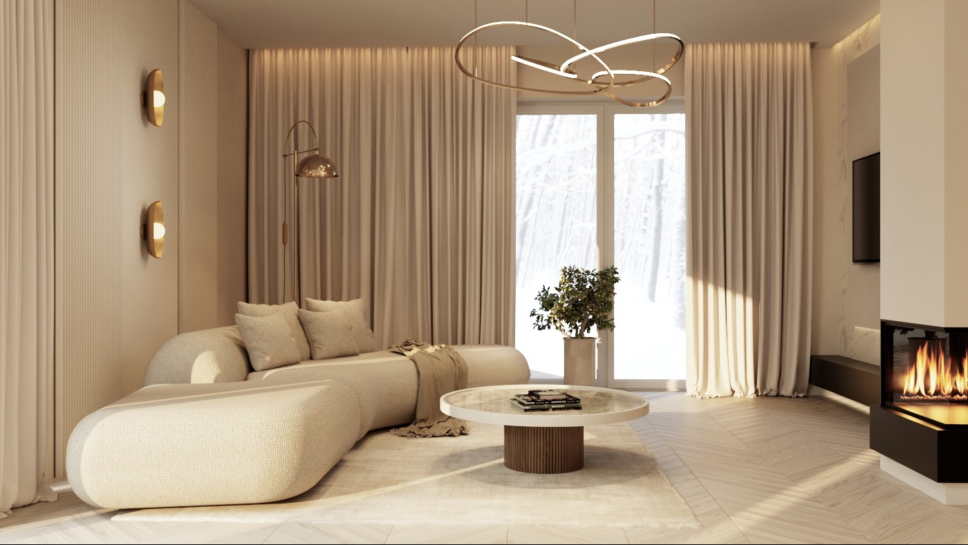Jasne wnętrze salonu z kremową sofą modułową, okrągłym stolikiem kawowym i nowoczesnym kominkiem narożnym, oświetlone złotymi lampami ściennymi i wiszącą lampą pierścieniową.
