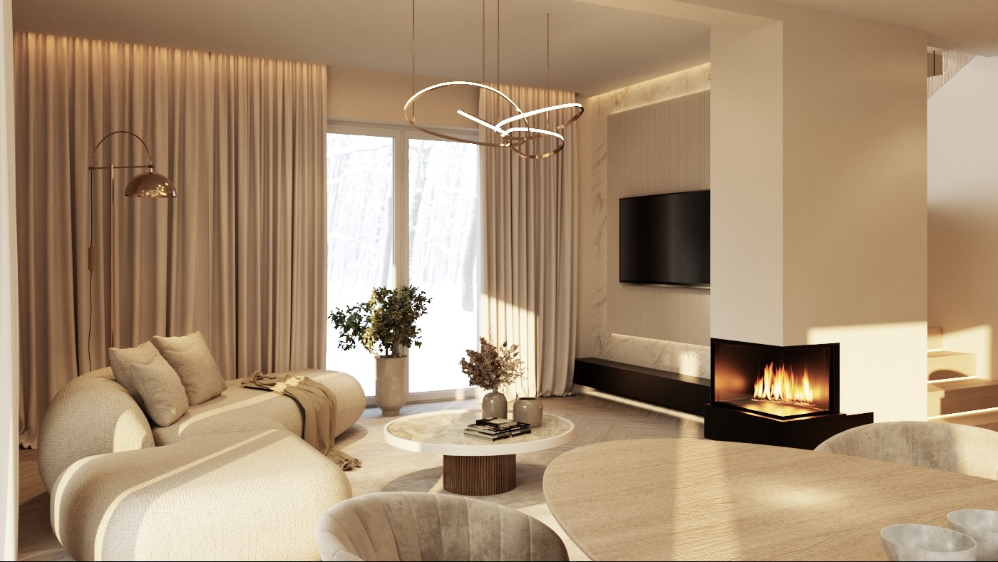 Jasne wnętrze domu jednorodzinnego w stylu minimalistycznym z kominkiem narożnym, beżową sofą, okrągłym stolikiem kawowym i lampą podłogową, oświetlone nowoczesną lampą wiszącą.