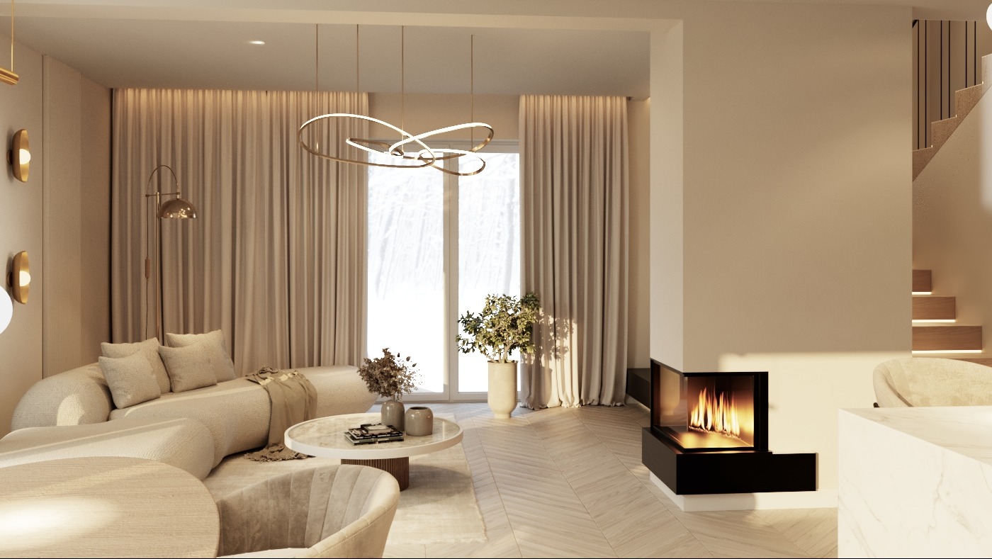 Jasne wnętrze domu jednorodzinnego z kominkiem, sofą modułową, marmurowym stolikiem kawowym i parkietem ułożonym w jodełkę.