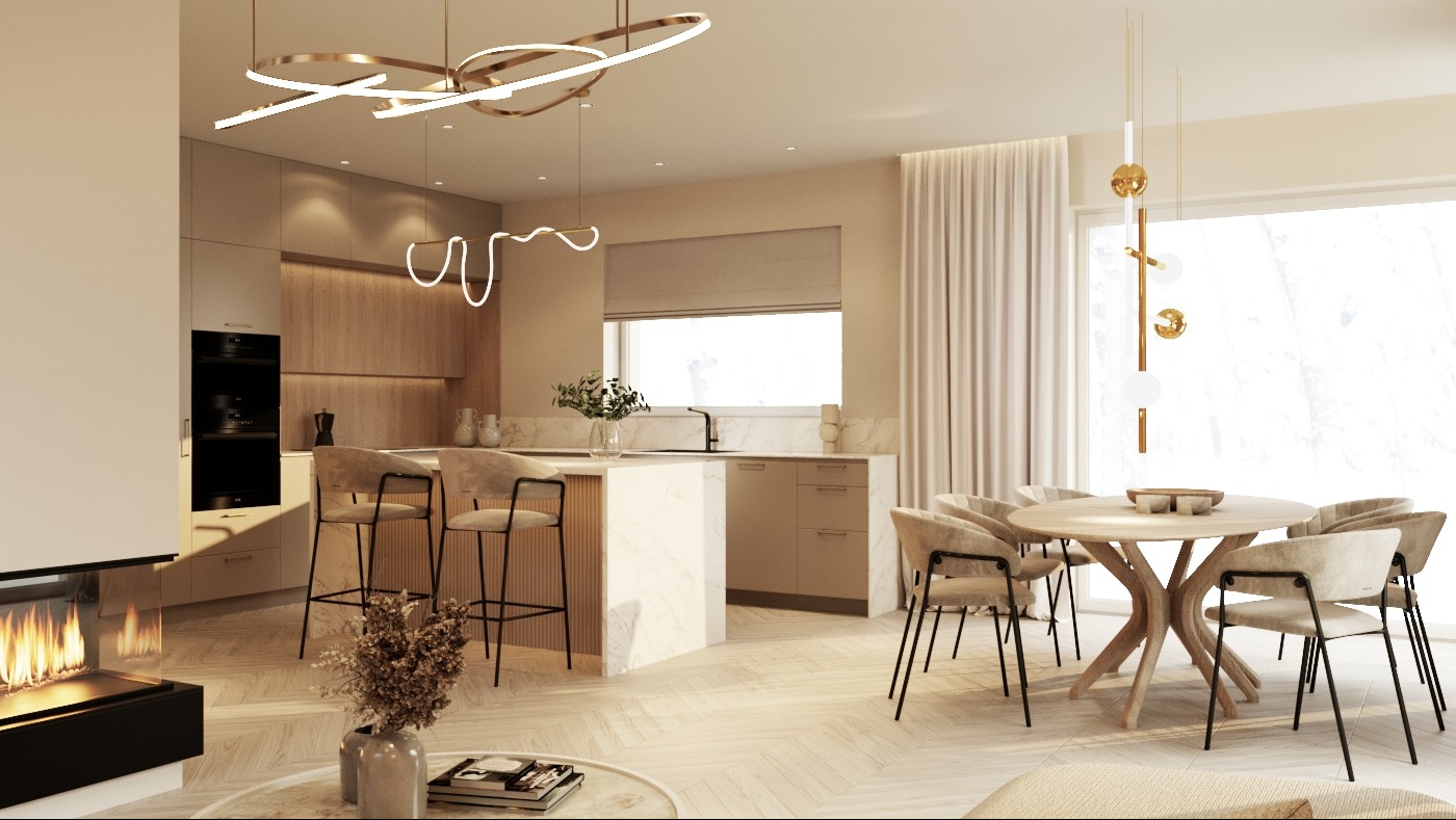 Jasne wnętrze domu jednorodzinnego z otwartą kuchnią, wyspą z hokerami, jadalnią z okrągłym stołem i designerskim oświetleniem sufitowym oraz biokominkiem. Parkiet ułożony w jodełkę.