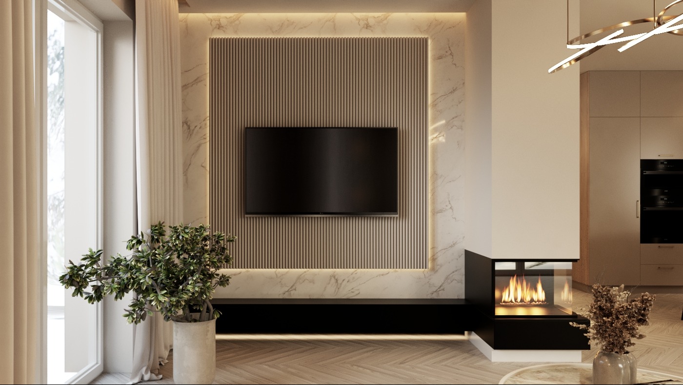 Nowoczesny salon z telewizorem na ścianie z dekoracyjnymi panelami, biokominkiem i roślinami doniczkowymi, oświetlenie LED podkreśla marmurową fakturę ściany.