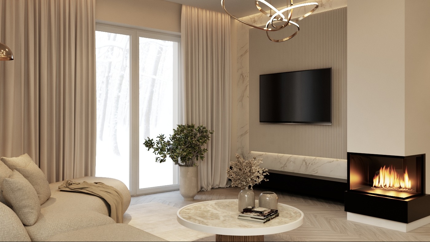 Jasne wnętrze salonu z kominkiem, telewizorem i dekoracyjnym oświetleniem, widok na zimowy krajobraz za oknem.
