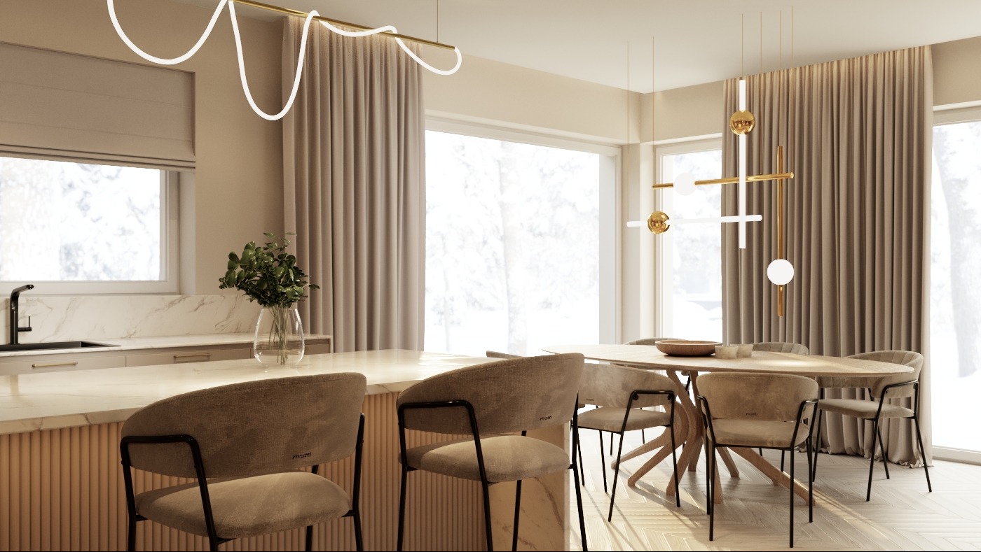 Jasna, nowoczesna jadalnia z wyspą kuchenną, krzesłami barowymi i owalnym stołem jadalnym, oświetlona przez designerskie lampy wiszące, z widokiem na zaśnieżony ogród przez duże okna.