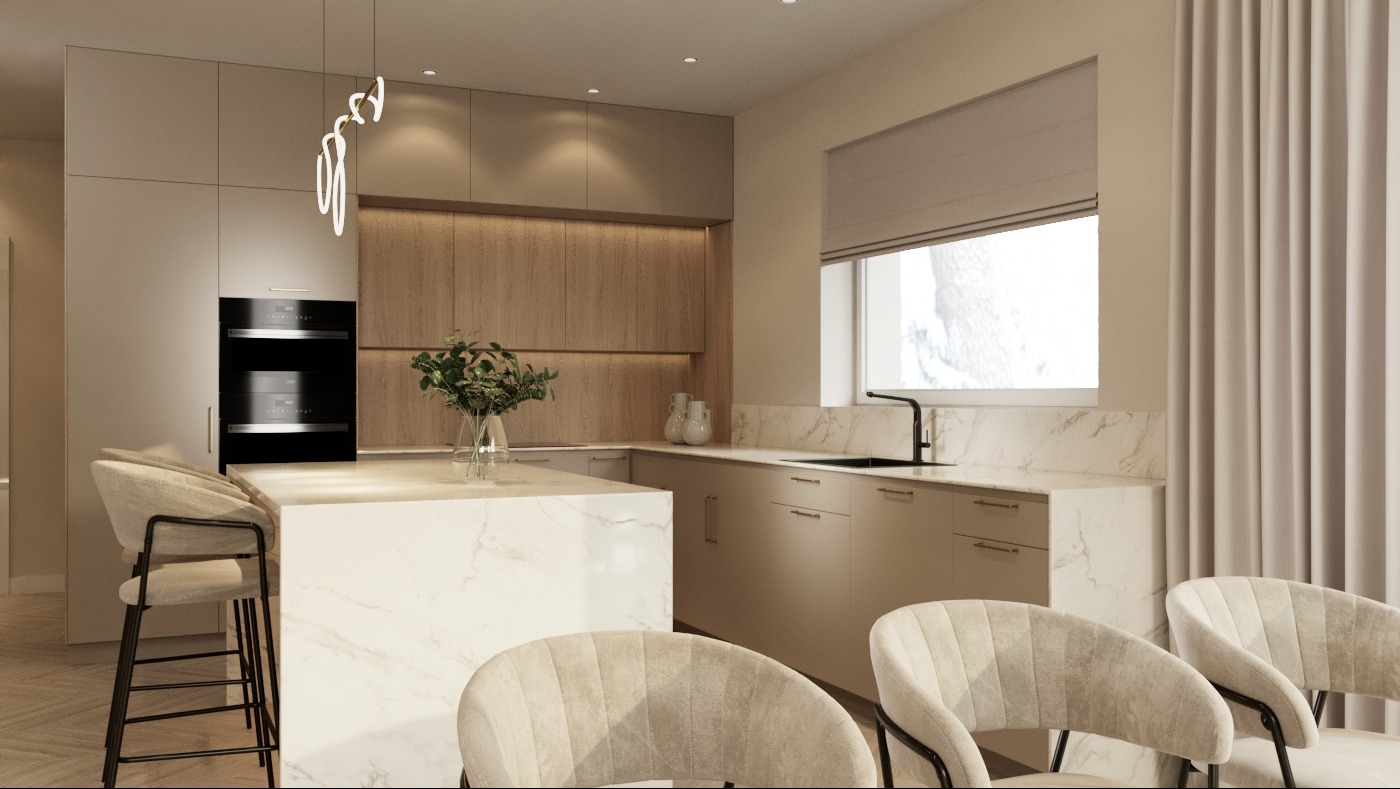 Nowoczesna kuchnia w neutralnych barwach z marmurowym blatem wyspy, oświetlona designerską lampą wiszącą i naturalnym światłem z okna.