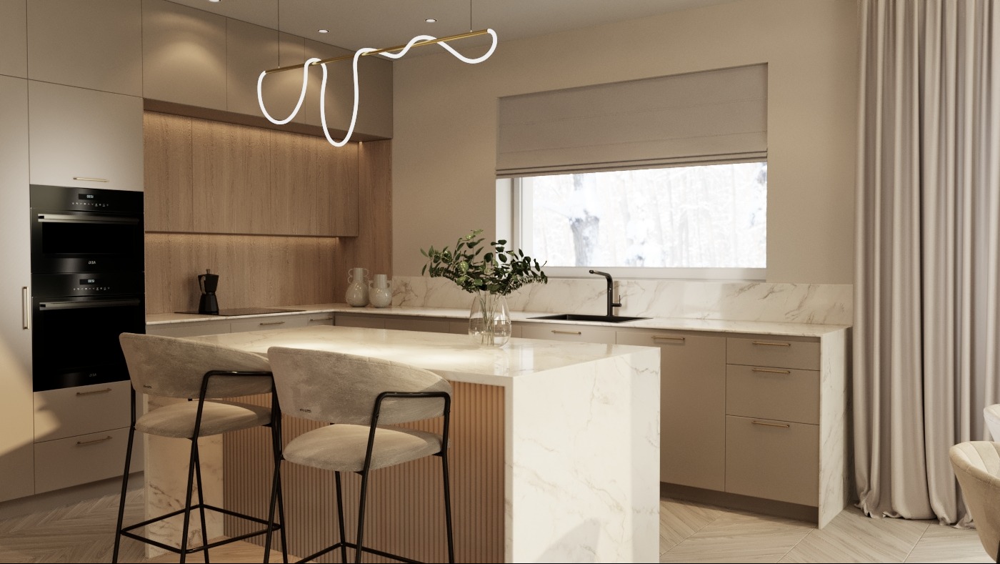 Jasna kuchnia w stylu nowoczesnym z wyspą, wykończona marmurem, oświetlona designerską lampą wiszącą, z widokiem na zimowy krajobraz za oknem.