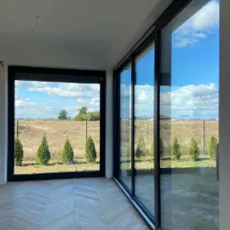 Wnętrze domu z dużymi przesuwnymi oknami z czarnymi ramami, widok na pole i rząd małych drzewek iglastych, parkiet ułożony we wzór jodełki.