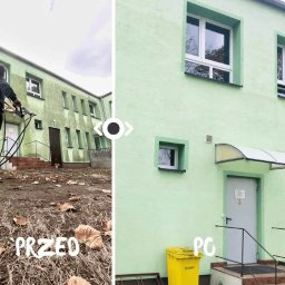 4BLAST - Porównanie stanu elewacji budynku przed i po czyszczeniu; po lewej stronie brudna elewacja i osoba z lancą ciśnieniową, po prawej świeżo umyta, zielona elewacja z nowymi oknami.