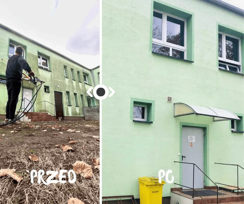 Porównanie stanu elewacji budynku przed i po czyszczeniu; po lewej stronie brudna elewacja i osoba z lancą ciśnieniową, po prawej świeżo umyta, zielona elewacja z nowymi oknami.