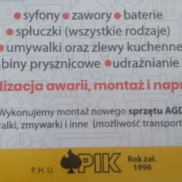 Wizytówka firmy hydraulicznej z ofertą usług: syfony, zawory, baterie, spłuczki, umywalki, zlewy kuchenne, kabiny prysznicowe, udrażnianie rur, lokalizacja awarii, montaż i naprawa, montaż sprzętu...