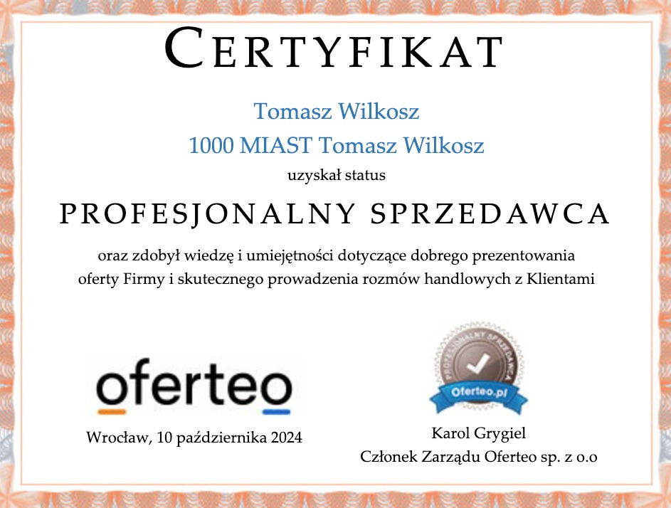 Certyfikat Oferteo - Profesjonalny sprzedawca
