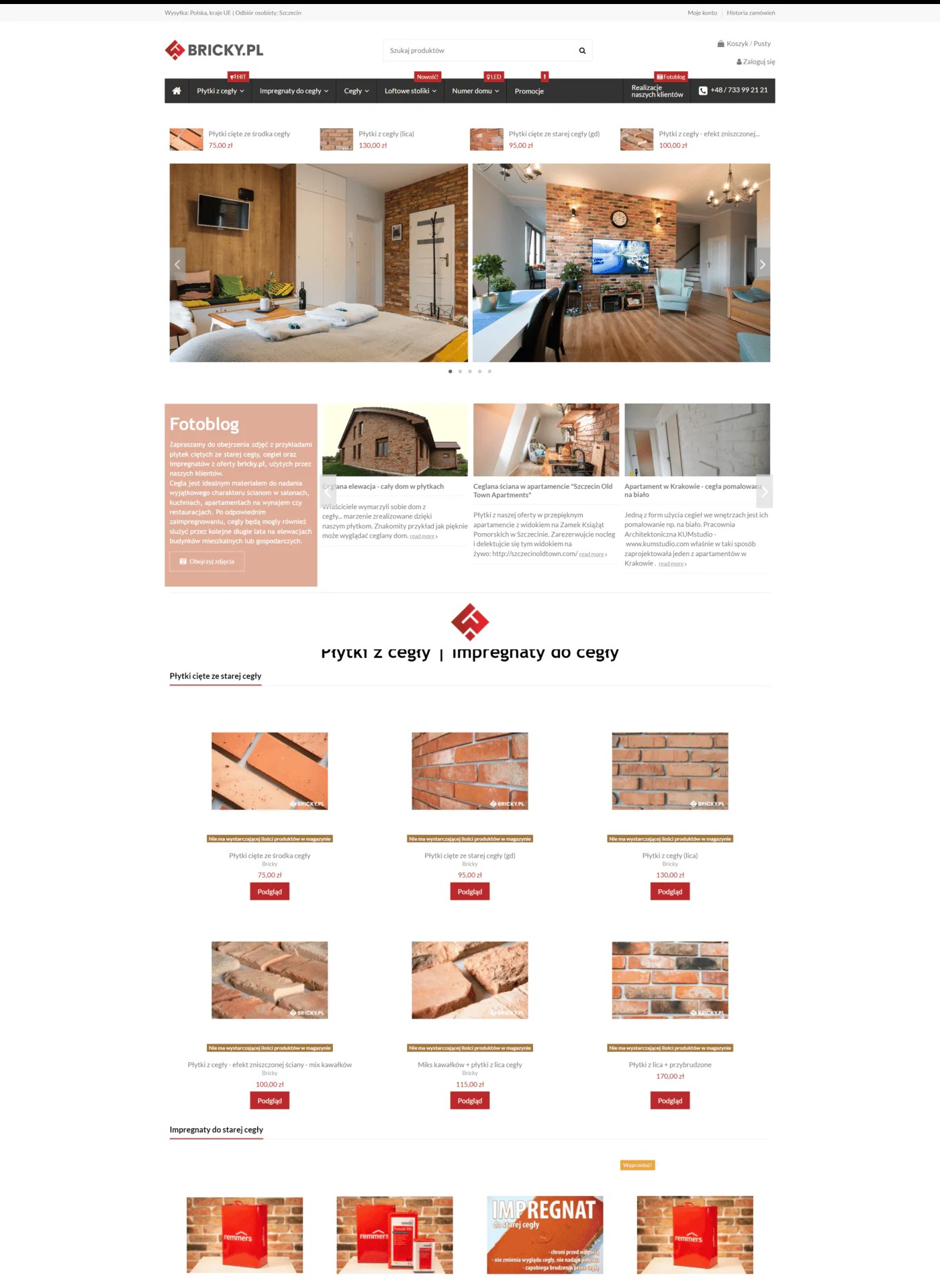 Strona internetowa sklepu Bricky.pl prezentująca ofertę płytek ciętych z cegły i impregnatów, z widocznymi zdjęciami aranżacji wnętrz z wykorzystaniem cegieł oraz produktami w ofercie.