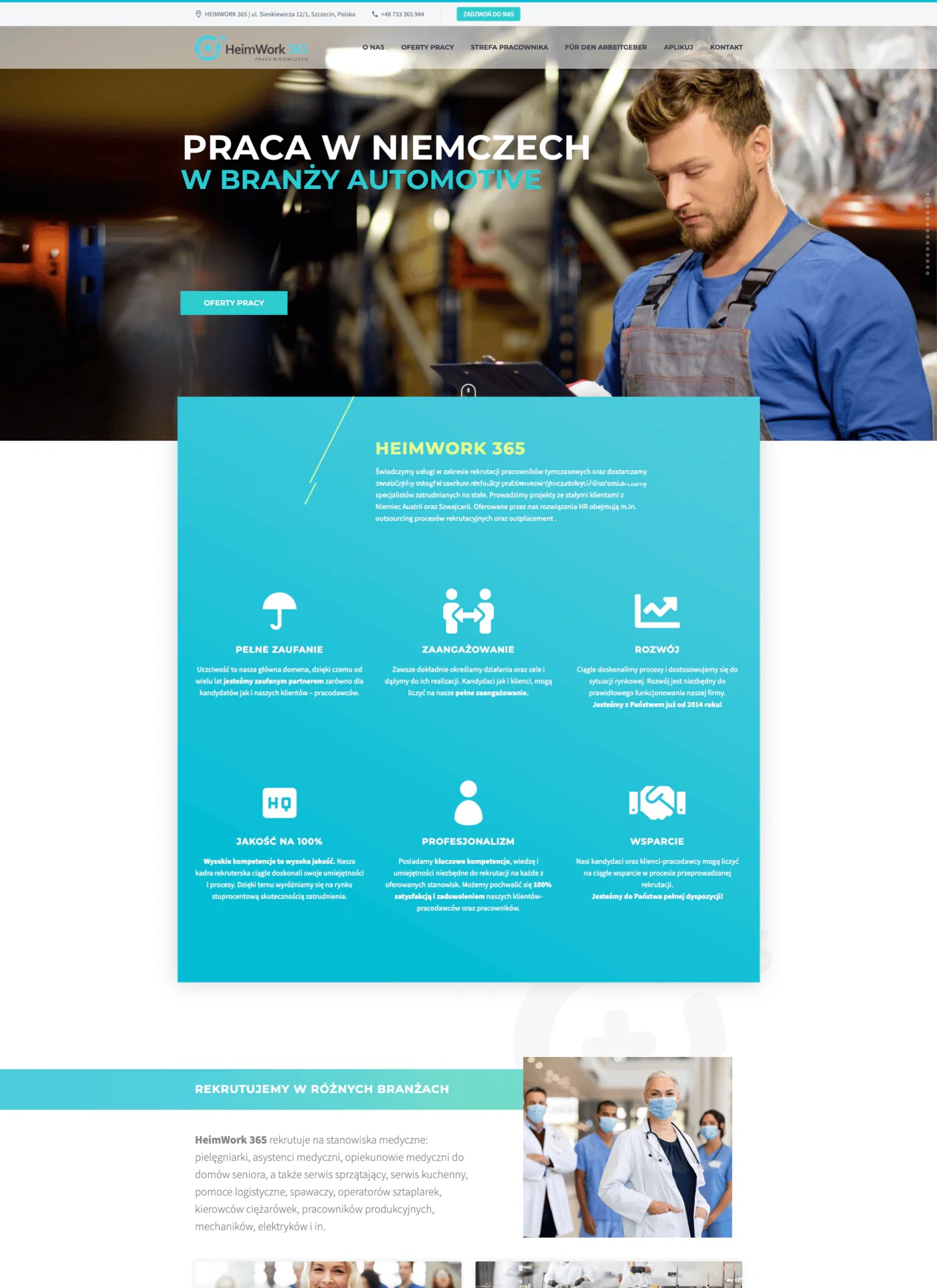 Strona internetowa agencji rekrutacyjnej HeimWork 365 z ofertami pracy w Niemczech, w branży automotive, z widocznym pracownikiem w stroju roboczym i tabletem.