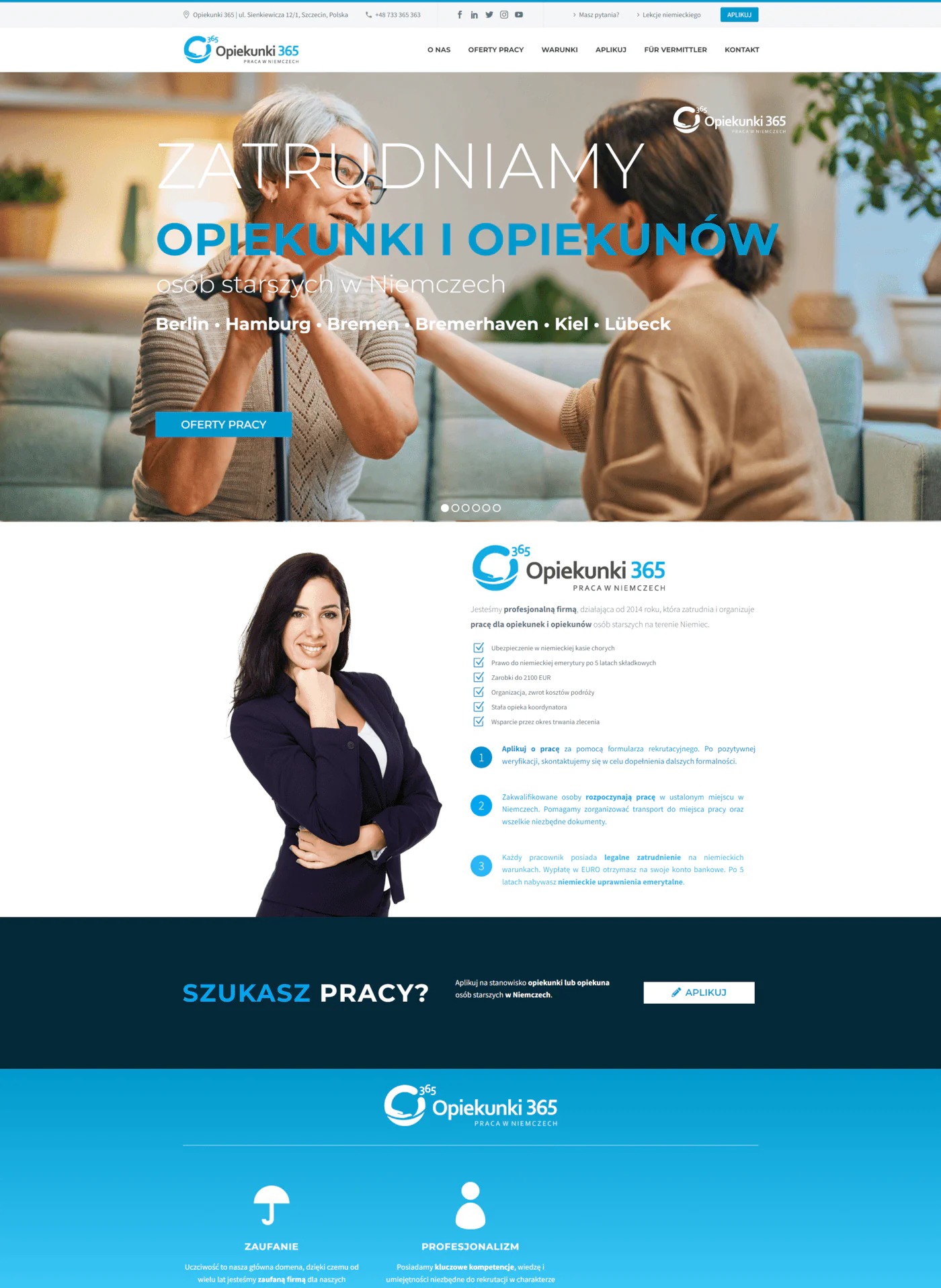 Strona internetowa agencji Opiekunki 365 z ofertami pracy dla opiekunek i opiekunów osób starszych w Niemczech, prezentująca logo firmy, dane kontaktowe oraz informacje o warunkach zatrudnienia,...
