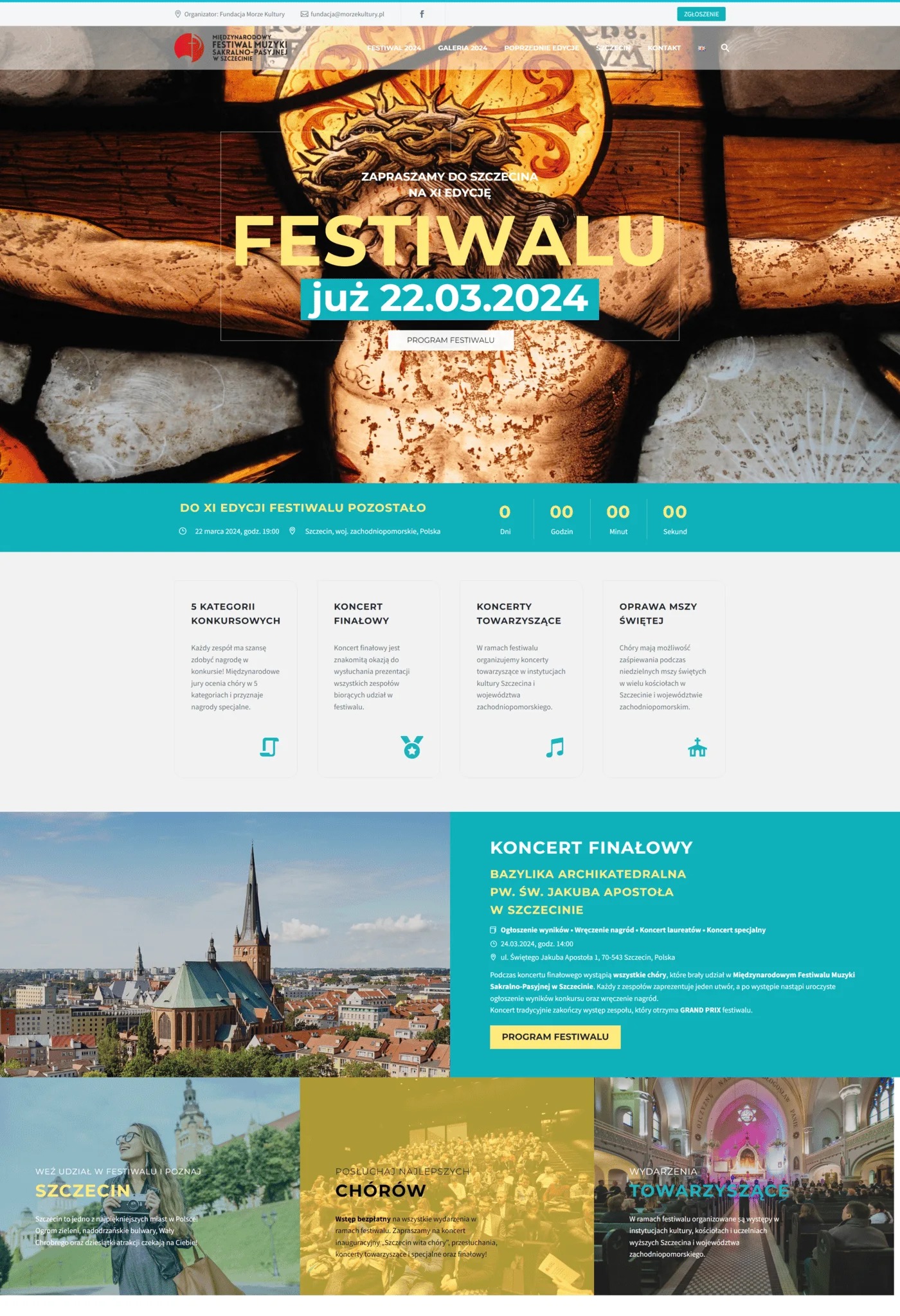 Strona internetowa Międzynarodowego Festiwalu Muzyki Sakralno-Pasyjnej w Szczecinie, z datą rozpoczęcia 22.03.2024, prezentująca program festiwalu, informacje o konkursach, koncertach...