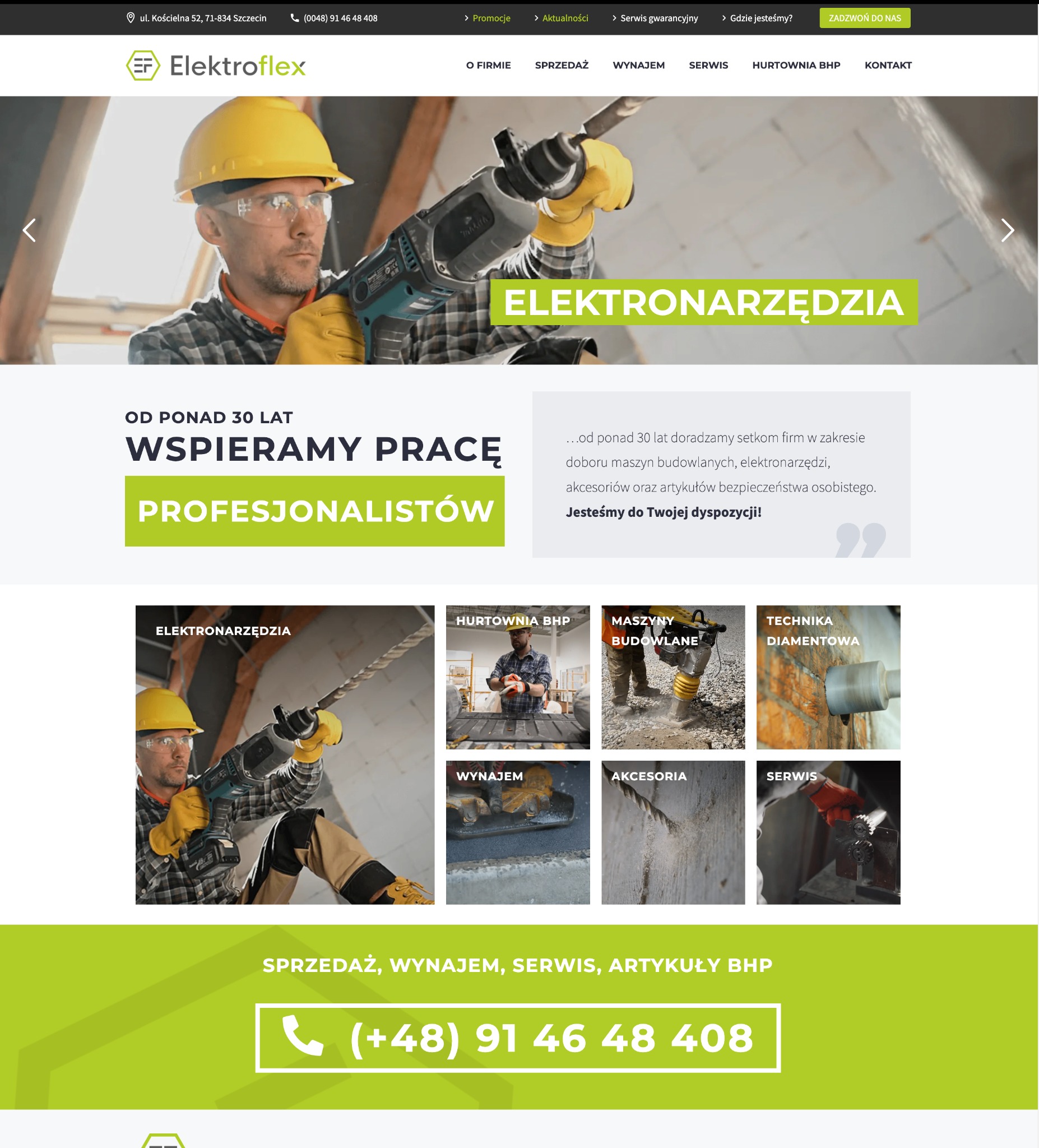 Mężczyzna w kasku i okularach ochronnych używa wiertarki udarowej marki Makita na tle surowego wnętrza w trakcie budowy lub remontu. Widoczny fragment ściany w stanie deweloperskim.