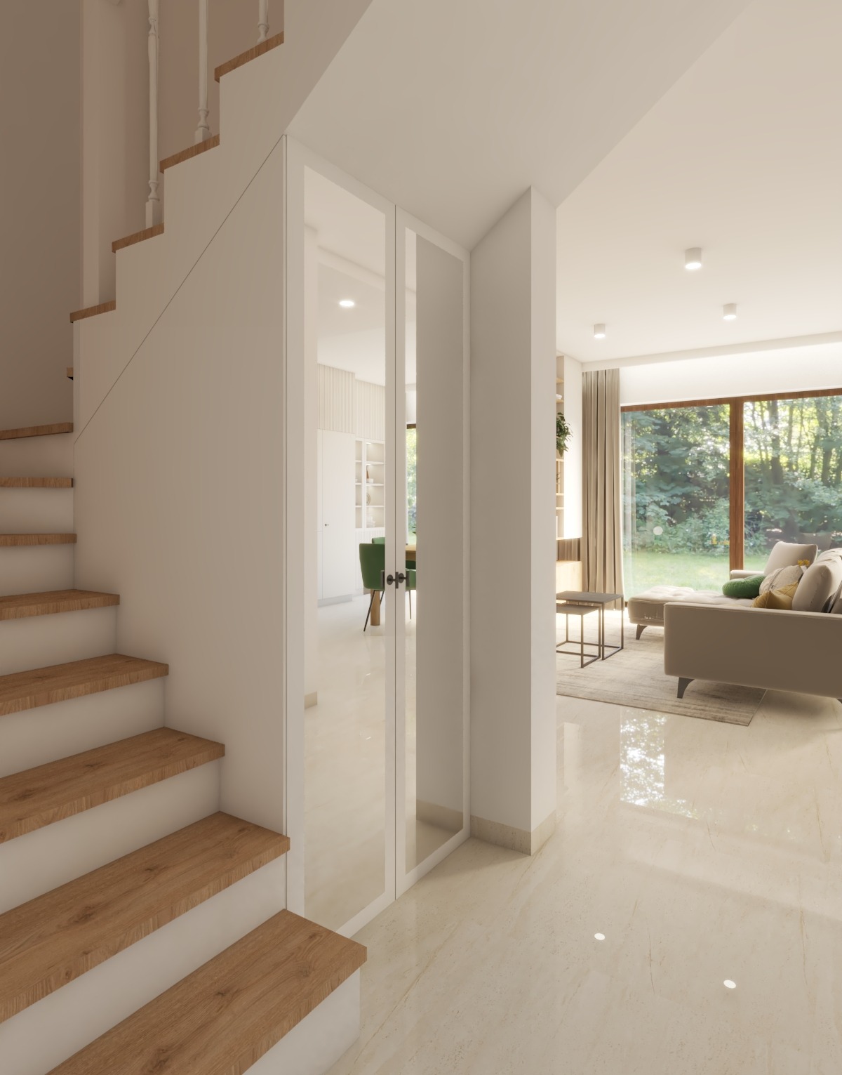 Jasne wnętrze domu z drewnianymi schodami, przeszklonymi drzwiami i widokiem na salon z beżową sofą i dużym oknem na ogród.