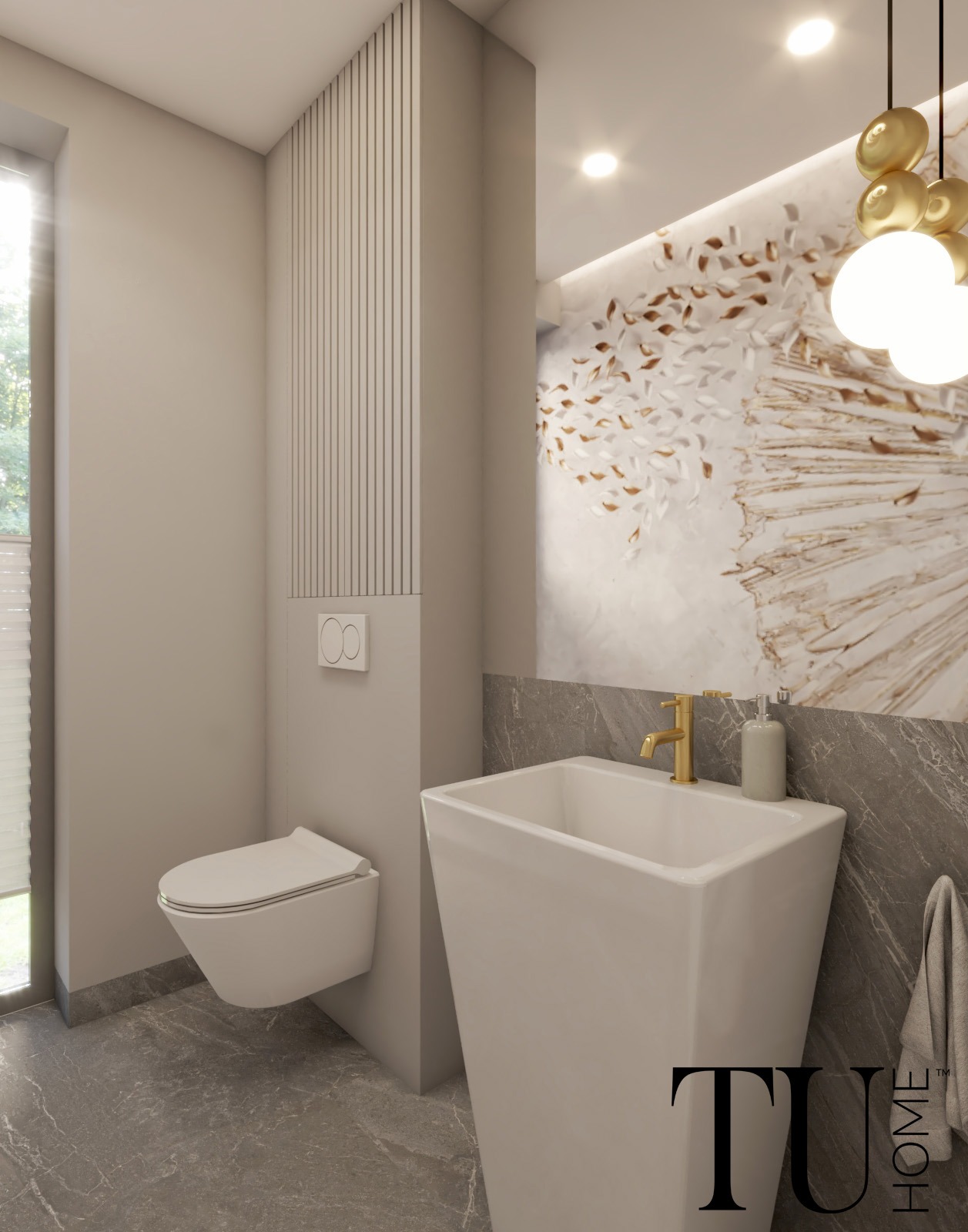 Nowoczesna łazienka w neutralnych barwach z wiszącą toaletą, umywalką wolnostojącą i dekoracyjnym oświetleniem sufitowym w formie złotych kul, akcentująca abstrakcyjna dekoracja ścienna nad umywalką.