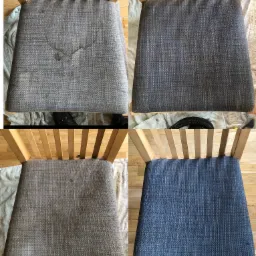 Kolaż prezentujący cztery fazy czyszczenia tapicerki krzesła w Mierzynie: zabrudzone, po wstępnym czyszczeniu, po drugim czyszczeniu i efekt końcowy z nowym, niebieskim obiciem.