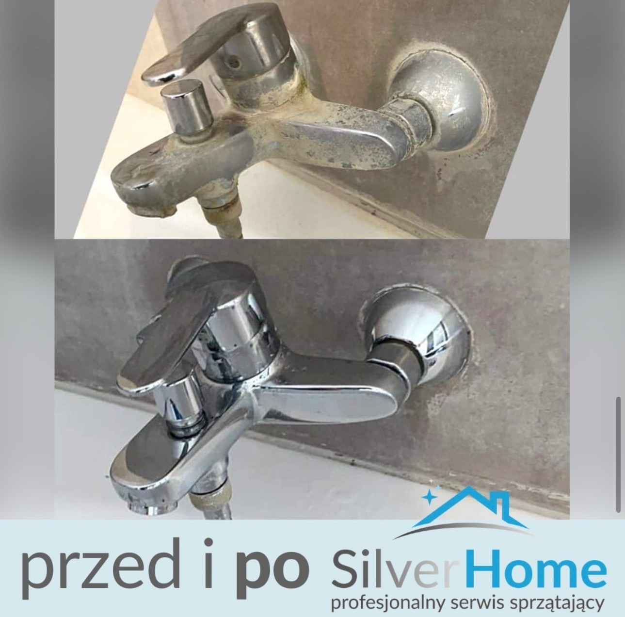 Kran łazienkowy przed i po czyszczeniu, widoczne osady kamienia usunięte, chrom lśniący.