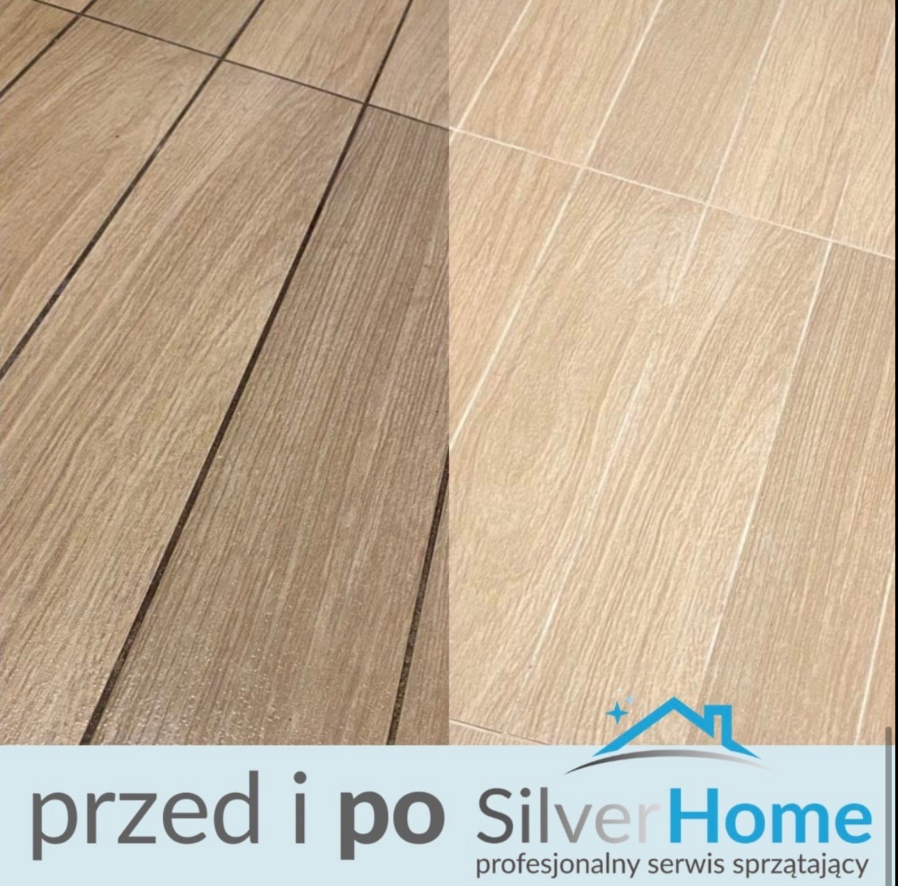 Płytki podłogowe imitujące drewno, widok przed i po czyszczeniu, z wyraźną różnicą w kolorze i czystości fug.