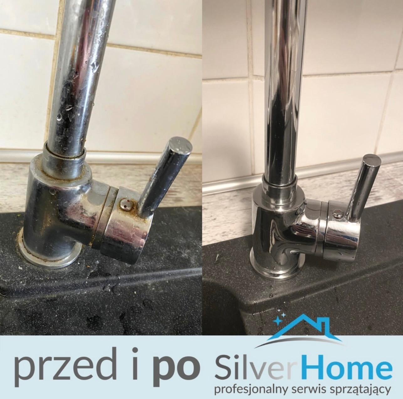 Kran kuchenny przed i po czyszczeniu, widoczne osady i kamień usunięte, efekt lśniącej powierzchni.