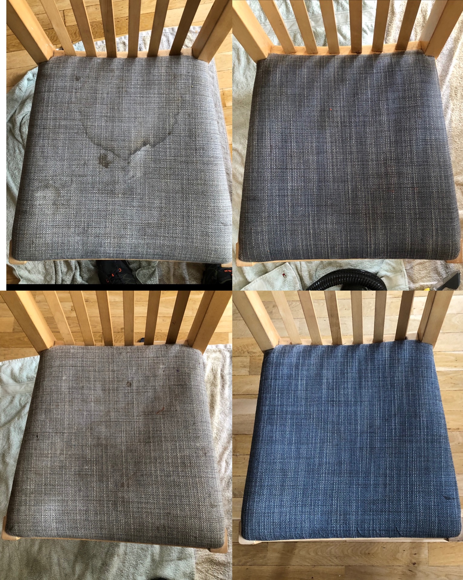 Kolaż prezentujący cztery fazy czyszczenia tapicerki krzesła w Mierzynie: zabrudzone, po wstępnym czyszczeniu, po drugim czyszczeniu i efekt końcowy z nowym, niebieskim obiciem.