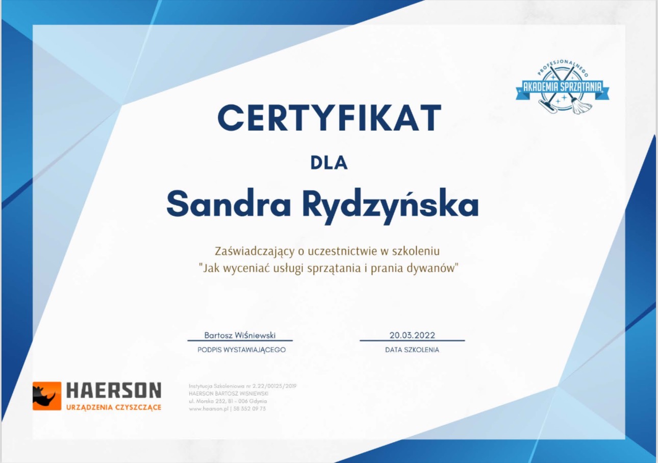 Certyfikat dla Sandry Rydzyńskiej za uczestnictwo w szkoleniu 'Jak wyceniać usługi sprzątania i prania dywanów', wydany przez Akademię Sprzątania Haerson.
