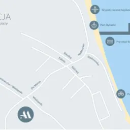 Mapa lokalizacyjna z zaznaczonymi punktami: Wypożyczalnia Kajaków, Port Rybacki, Przystań Rybacka, Punkt Widokowy, odległość do plaży 4 minuty spacerem.
