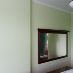 Maluj z Nami - Jasnozielona ściana z brązową ramą lustra, białe listwy przypodłogowe i sufitowe, oraz zapakowane lampy LED na ciemnobrązowej komodzie.