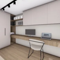 Wizualizacja pokoju biurowego z minimalistycznym biurkiem z drewnianym blatem, białym krzesłem i wbudowanymi szafkami z półkami na książki i segregatory.