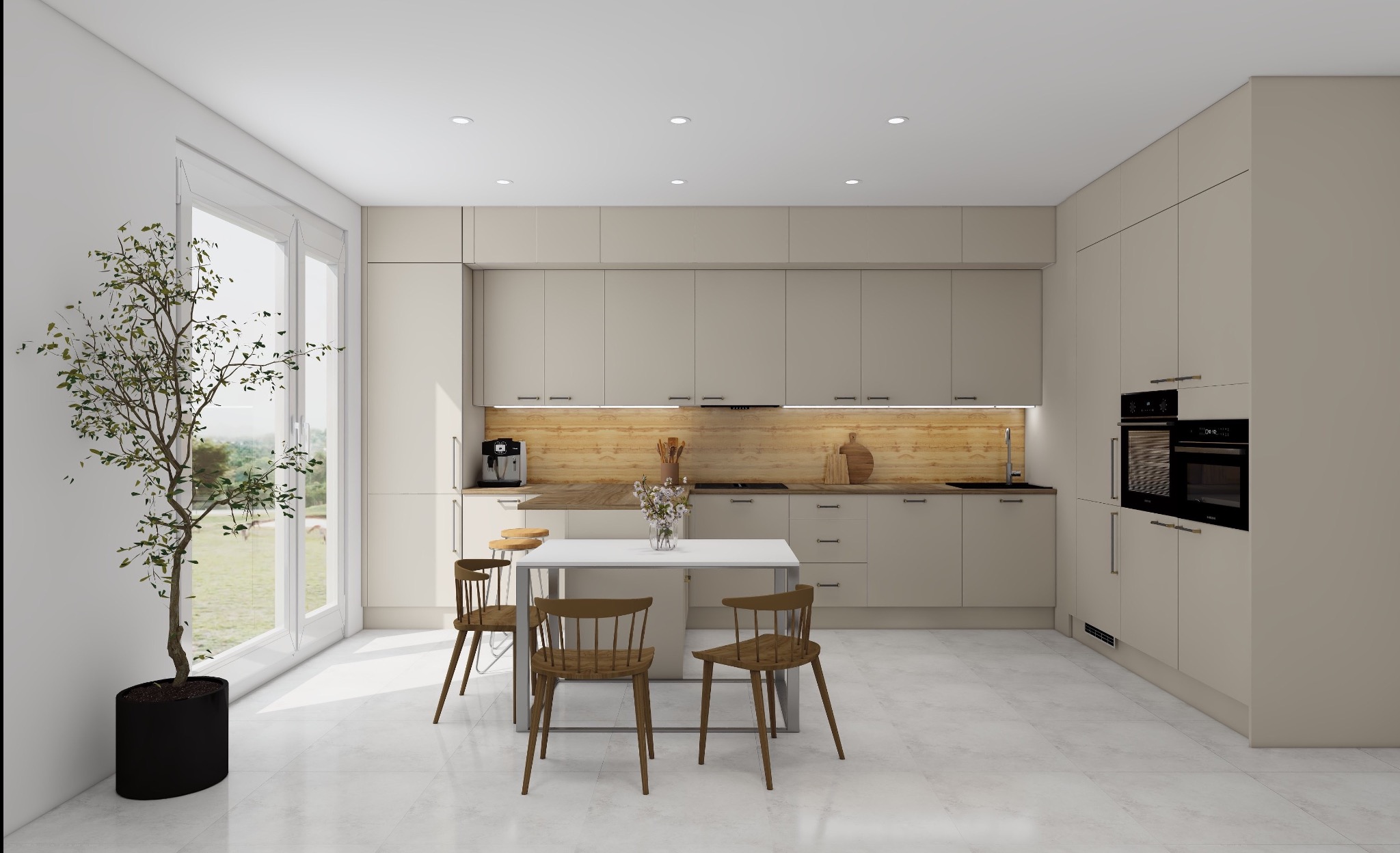 Wizualizacja kuchni w beżowych tonacjach z drewnianym blatem, białym stołem i czterema krzesłami. Duże okno z widokiem na zieleń. Minimalistyczny styl, nowoczesne oświetlenie.