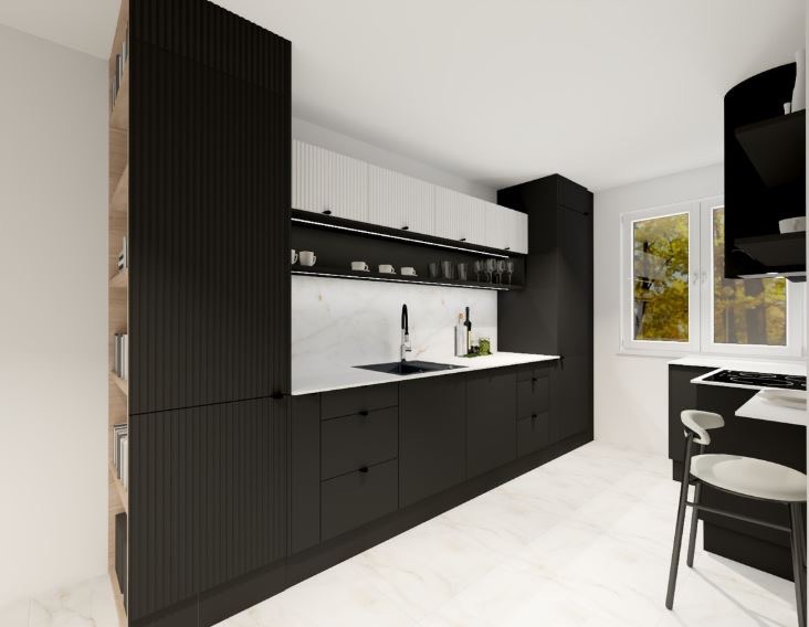 Nowoczesna, czarno-biała kuchnia z marmurowym blatem i oświetleniem LED w Ruda Śląska. Minimalistyczny design z akcentami drewna i eleganckimi dodatkami.