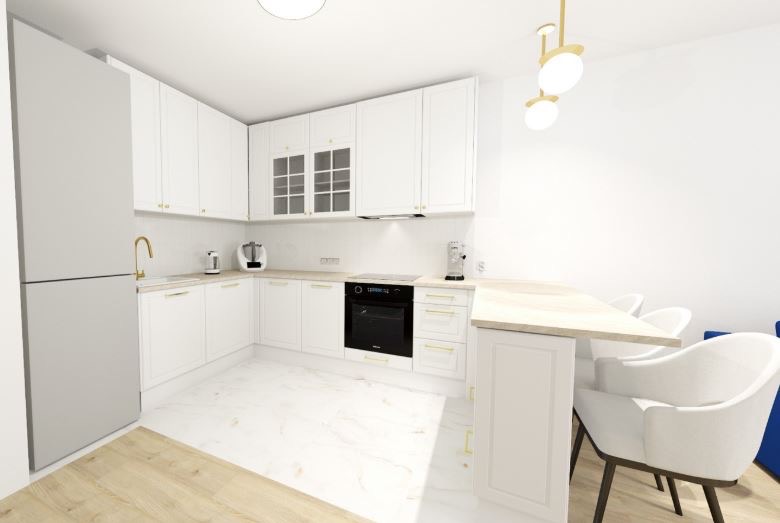 Jasna kuchnia w stylu skandynawskim z białymi szafkami, złotymi akcentami i marmurową podłogą. Widoczne krzesła barowe i nowoczesne oświetlenie.