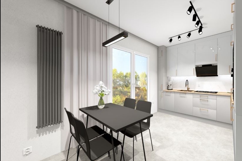 Nowoczesna aranżacja wnętrza: minimalistyczna kuchnia z czarnym stołem i krzesłami, grzejnik dekoracyjny, białe szafki i oświetlenie punktowe. Stonowana kolorystyka.
