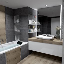 Amable - Nowoczesna łazienka z wanną z hydromasażem, drewnianymi akcentami i szarymi płytkami. Umywalka nablatowa i półki z kosmetykami dodają elegancji.