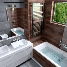 Amable - Nowoczesna łazienka z dwoma umywalkami na białej szafce, grzejnikiem drabinkowym i wanną wypełnioną wodą, okno z widokiem na zieleń. Płytki imitujące drewno.