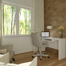 Jasny pokój z biurkiem, laptopem i krzesłem na kółkach. Okno z widokiem na zieleń. Ściana z cegły. Wygodny fotel z lampą. Subtelne oświetlenie.